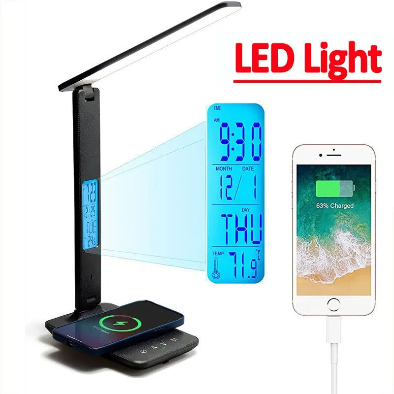 Finds for Home®  Wireless Charger Pad LED Desk Lamp Temperature Alarm Clock Eye Protect Study Business Light Table Lamp 10W Fast Charging Station